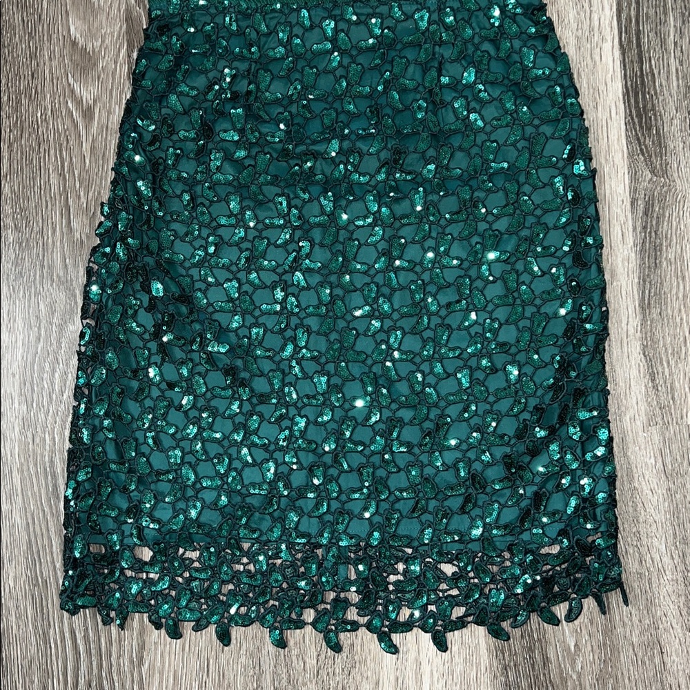 NWT Boston Proper Emerald Sequin Lace Mock Neck Sheath Dress Size 6 - Picture 4 of 12